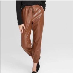 Brown faux leather joggers